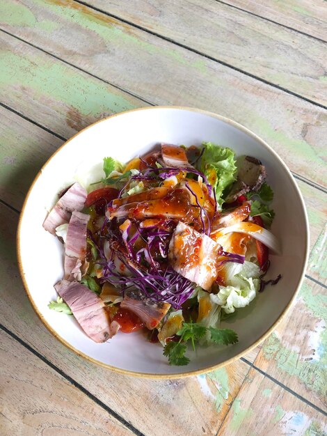 Top view of Thai beef salad food