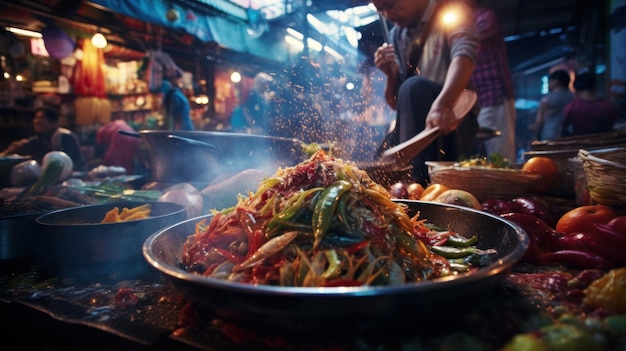 タイのストリートフード店のトップビュー タイの市場は食べ物でいっぱいです そしてストリートフッドをタイで販売します