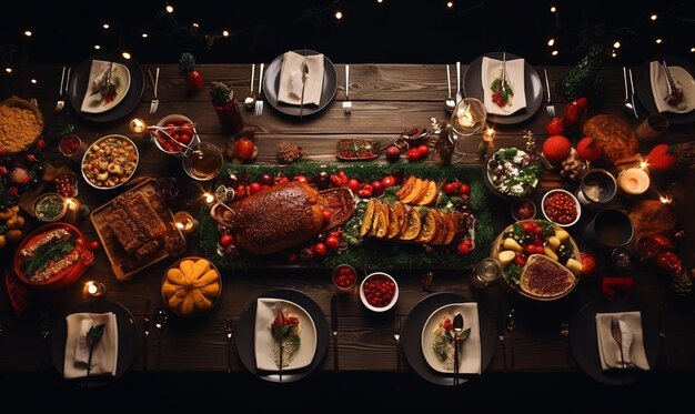 Photo top view of thanksgiving christmas dinner table flatlay of luxury food on wooden table