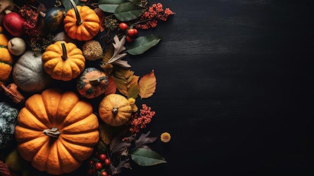 Top View of Thanksgiving day banner design of a collection of pumpkins and other vegetables