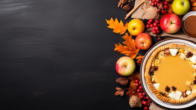 Foto vista dall'alto dello sfondo della cena del ringraziamento con tacchino e piatti a tutti i lati, torta di zucca, foglie autunnali e decorazioni autunnali stagionali sul tavolo da pranzo con spazio per la copia