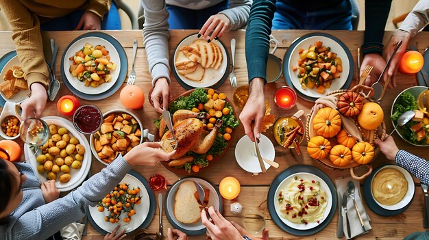 Top view of a Thanksgiving table filled with food and people passing dishes around The table is decorated with candles and pumpkins