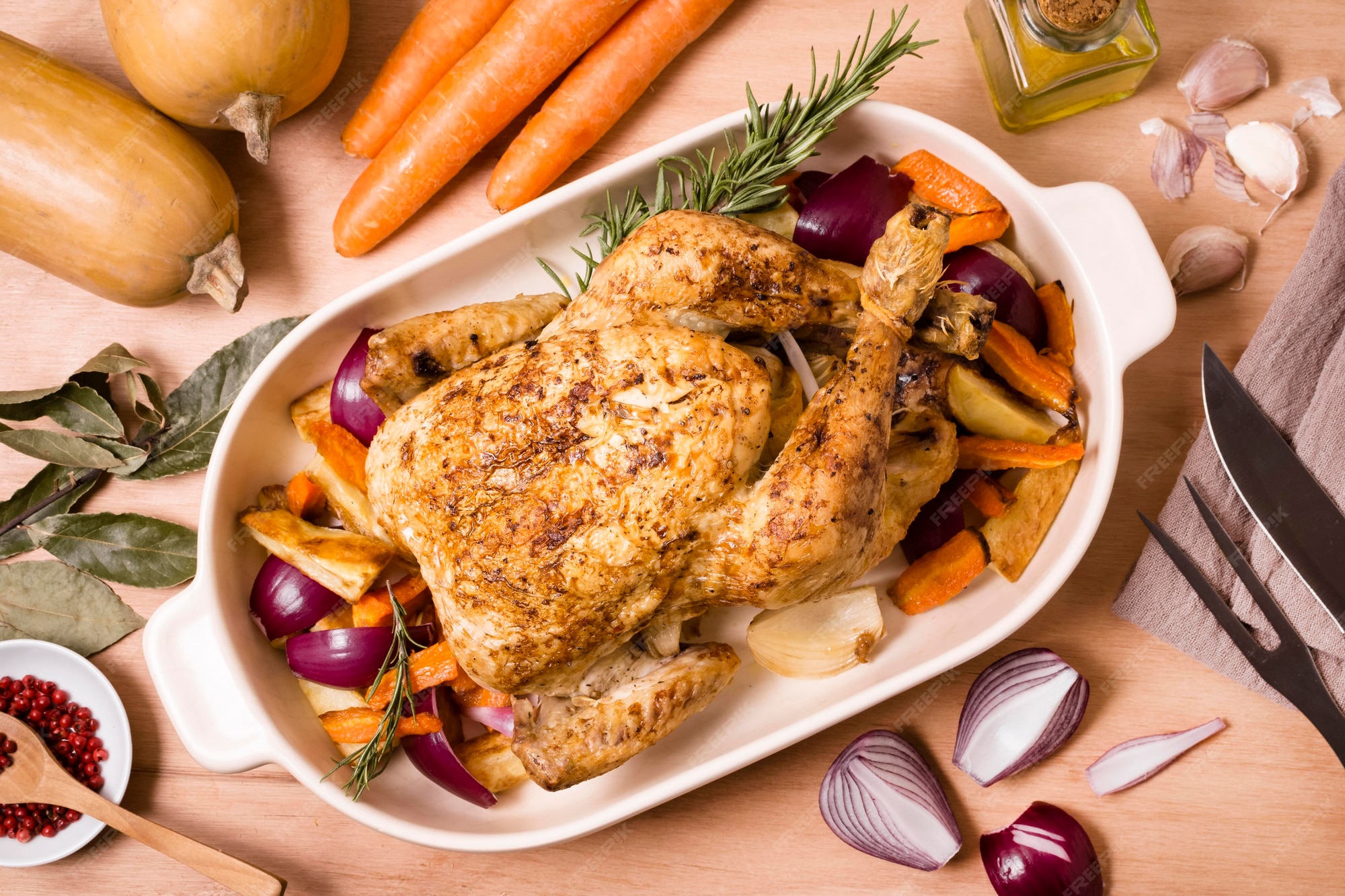 Premium Photo Top view of thanksgiving table with roasted chicken dish