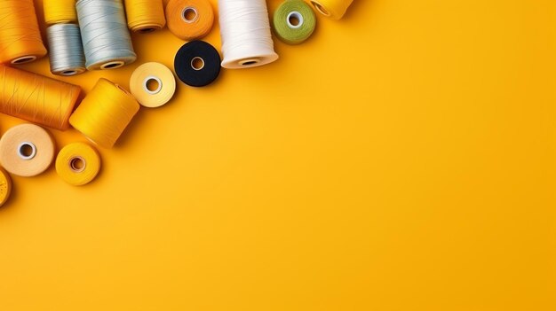 Фото Вид сверху нитей концепции дня труда плотника на простом желтом фоне с копировальным пространством