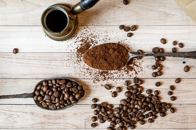 Top view of three different varieties of coffee beans  