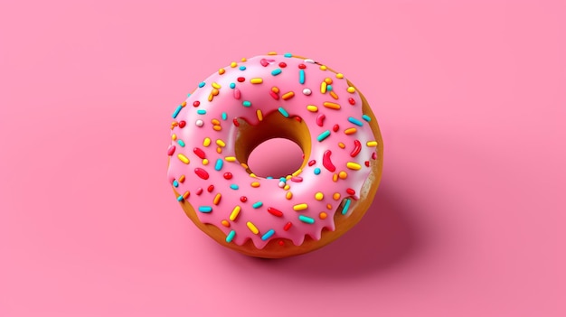 top view of a three dimensional donut with pink4 sugar icing and colorful