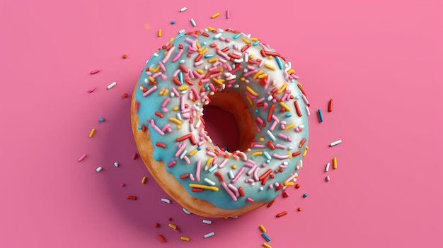 top view of a three dimensional donut with pink4 sugar icing and colorful