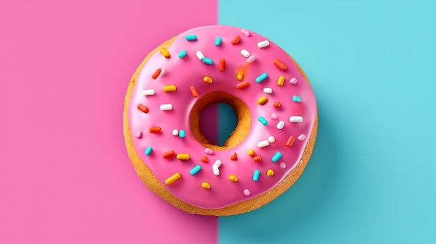 top view of a three dimensional donut with pink4 sugar icing and colorful