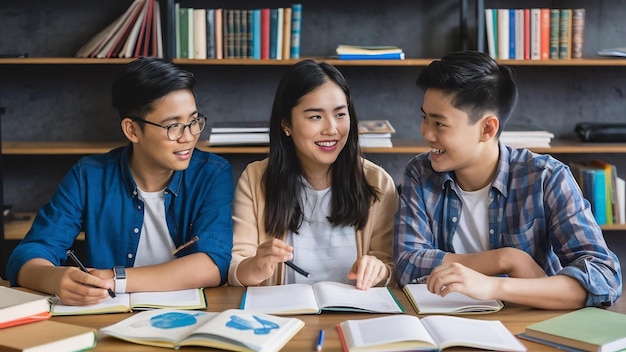 Top view of three students sitting at table surrounded with books and copybooks discussing somethi