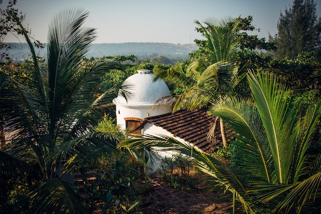 Top view of a tiled roof and a white stone tower in the middle of a rainforest. A building in a palm grove, a secluded dwelling