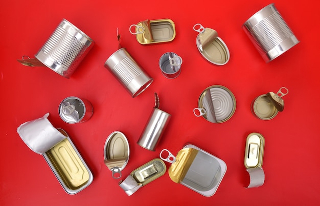 Top view of tin can isolated on red