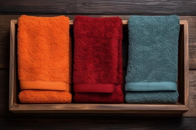 Photo top view towels on wooden background with copy space