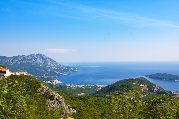 Top view of town of rafailovichi with high mountains and sea