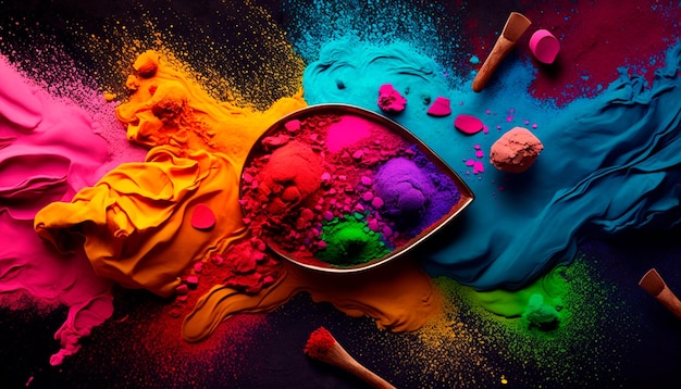 Top view of traditional holi powder in bowl on dark background Hindu spring festival