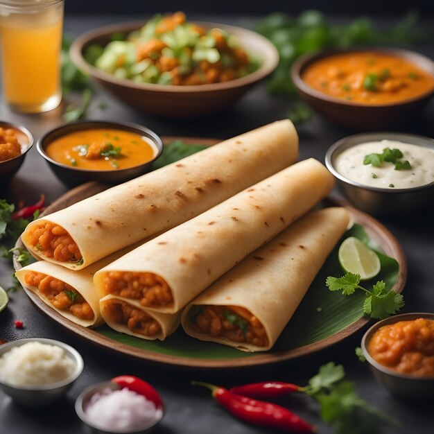 Top view of traditional indian dosa and vegetable curries in a plate with gravies on a table