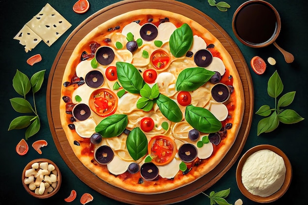 전통적인 이탈리아 피자의 상위 뷰 Generative Ai