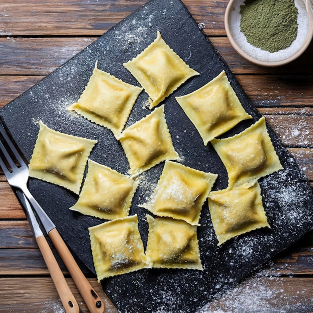 Top view of traditional Italian raw square ravioli pasta on black slate board sprinkled with flour placed on wooden table