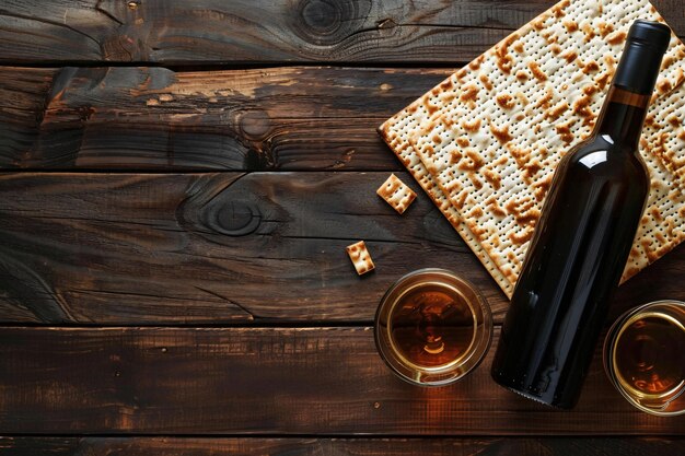 Foto vista dall'alto della tradizionale matza e del vino sul tavolo per la pasqua