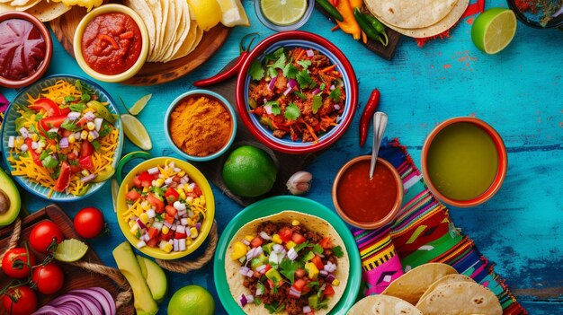 Вид сверху на традиционное мексиканское пиршество тако с свежими овощами и соусами на синем фоне