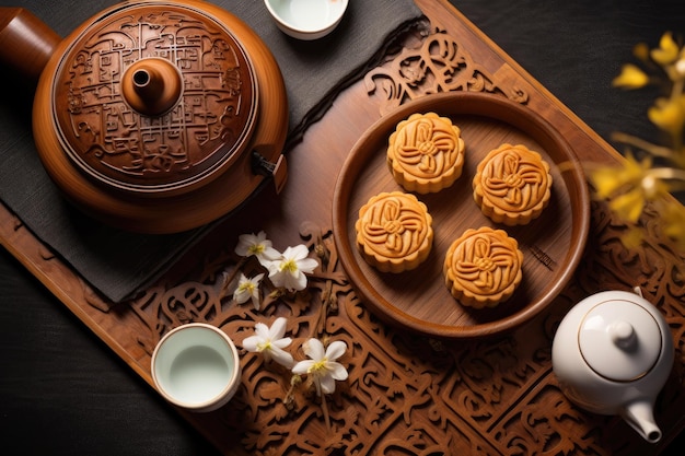 Top view of traditional moon cakes tea pot and cups on table