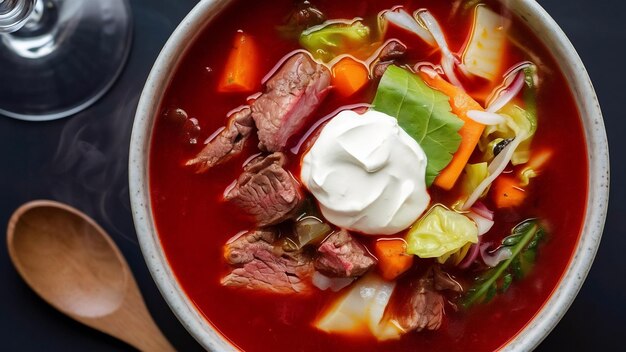 Top view of traditional russian or ukrainian red soup borscht with beef and vegetables