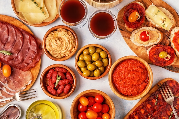 Top view of traditional Spanish tapas