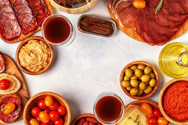 Top view of traditional Spanish tapas