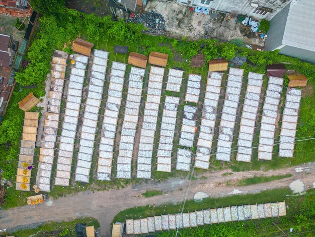 Top view of traditional village making colorful jelly food they was drying fresh jelly on a wooden grid for the market lifestyle concept