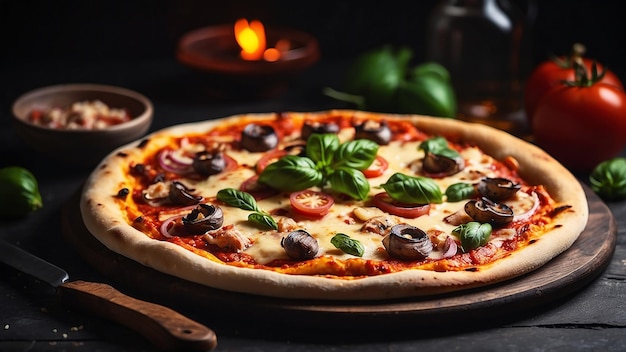 Top view traditionele Italiaanse pizza op donkere tafel