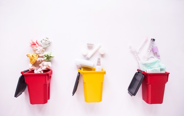 Photo top view of trash bins, recycle concept.