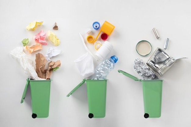 Top view of trash bins and sorted garbage on grey, recycle concept