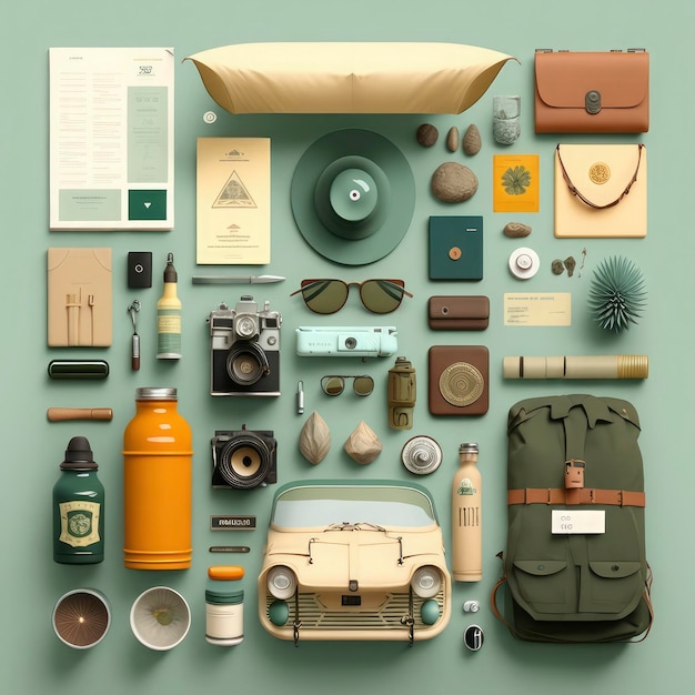Top view travel concept with Travel accessories prepared for the trip Tourist essentials
