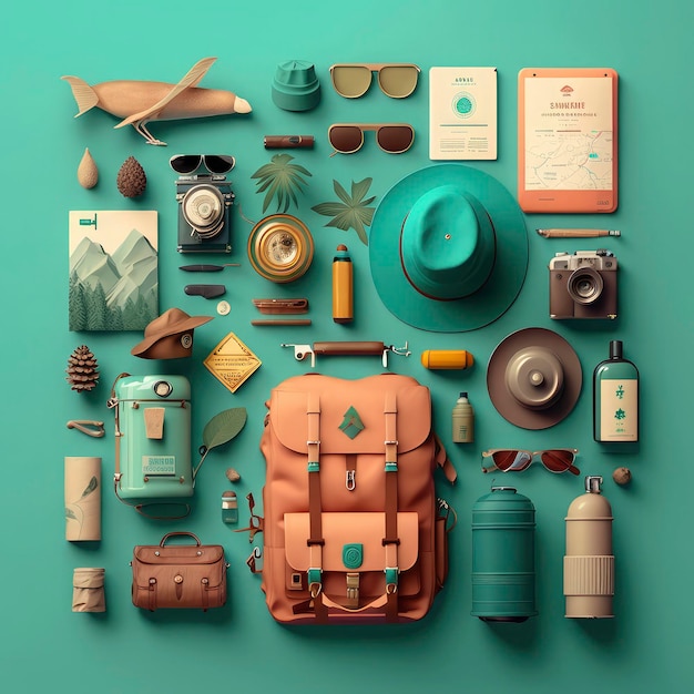 Top view travel concept with Travel accessories prepared for the trip Tourist essentials