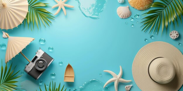 Top view traveler accessories on blue background summer holiday concept