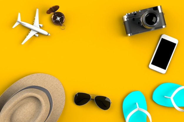 Top view of Traveler's accessories on yellow table background, Essential vacation items