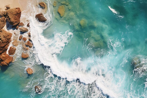 Top view of tropical beach waves crashing on turquoise water Generative AI