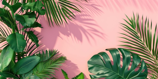 핑크색 배경 에 있는 열대 잎 들 의 꼭대기 풍경 미니멀 패션 여름 휴가