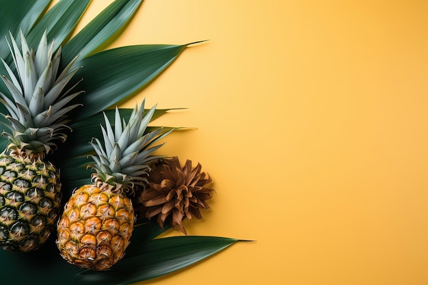 Top view of tropical pineapple fruits palm leaves on the orange background and text space