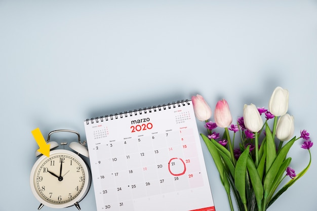 Tulipani di vista superiore accanto al calendario e all'orologio