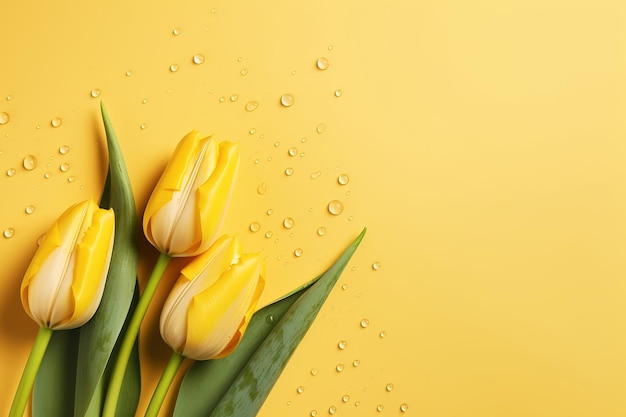 top view tulips border with drops of water on yellow pastel background with copy space