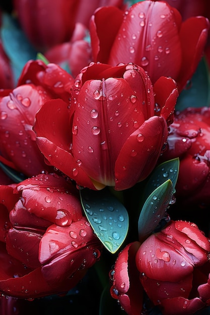 Top view of tulips with glistening droplets of water AI Generated