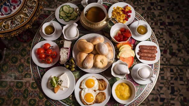 Photo top view of turkish breakfast setup