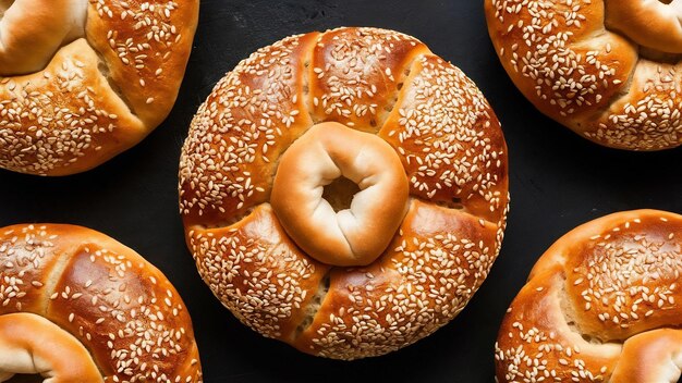 Top view of turkish simit circular bread typically encrusted with sesame seeds