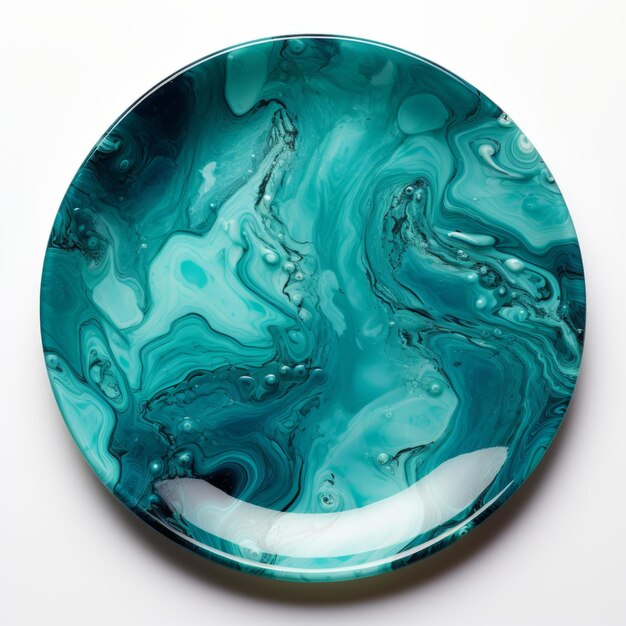 Top view of a turquoise melamine plate on white transparent