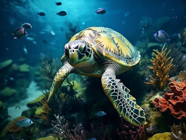 Top View Turtle in the Sea with Seaweed UHD 32K Real