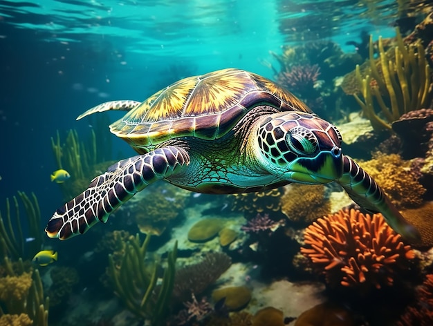 Top View Turtle in the Sea with Seaweed UHD 32K Real