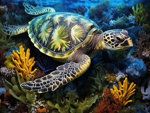 Top view of turtle in the sea with seaweed