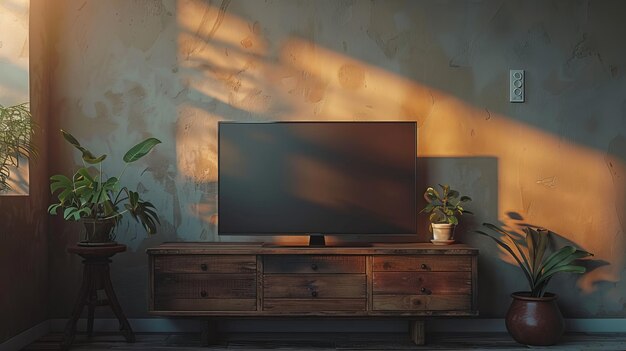 The top view of a TV on a wooden table TV on the wall as a 3D render Television on the table as a 3D rendering