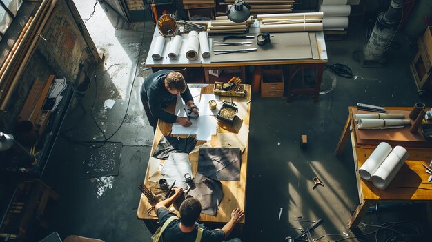 Top view of two craftsmen working in a leather workshop They are cutting and designing leather