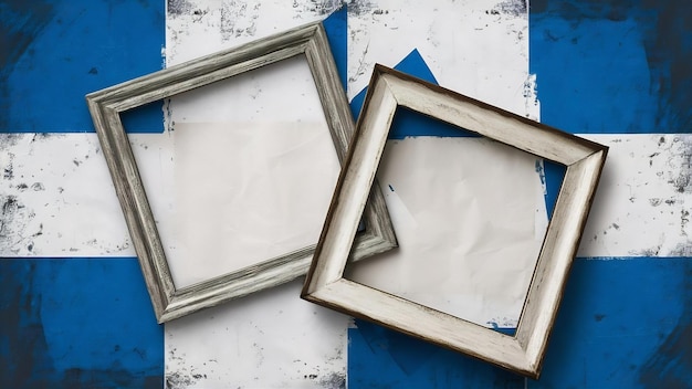 Top view two empty photo frames on blue white grunge with free space